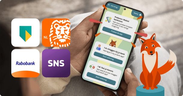 foto van een smartphone met de DigiHandig app met daarnaast de logo's van ABN, ING, Rabobank en SNS