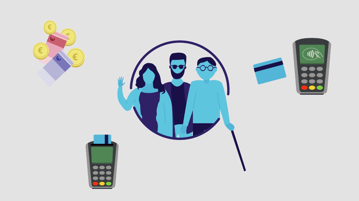 Illustratie van een diverse groep mensen, waaronder een slechtziende of blinde persoon met een taststok, omringd door verschillende betaalmiddelen zoals contant geld, een betaalpas en betaalautomaten. De afbeelding benadrukt inclusieve en toegankelijke betaalmogelijkheden voor iedereen.