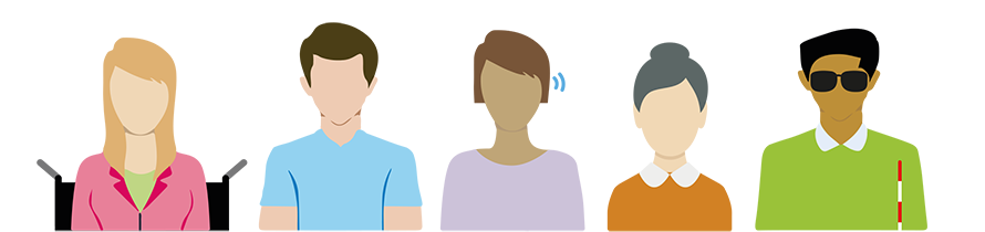Illustratie van vijf diverse personen, met o.a. gehoorapparaat en witte stok, als symbool voor inclusieve toegankelijkheid.