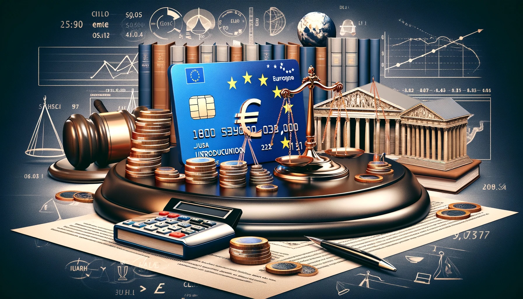 Symbolische illustratie van Europese betaalkaart tussen munten, weegschaal, gerechtsgebouw en grafieken over toezicht en regels in het betalingsverkeer.